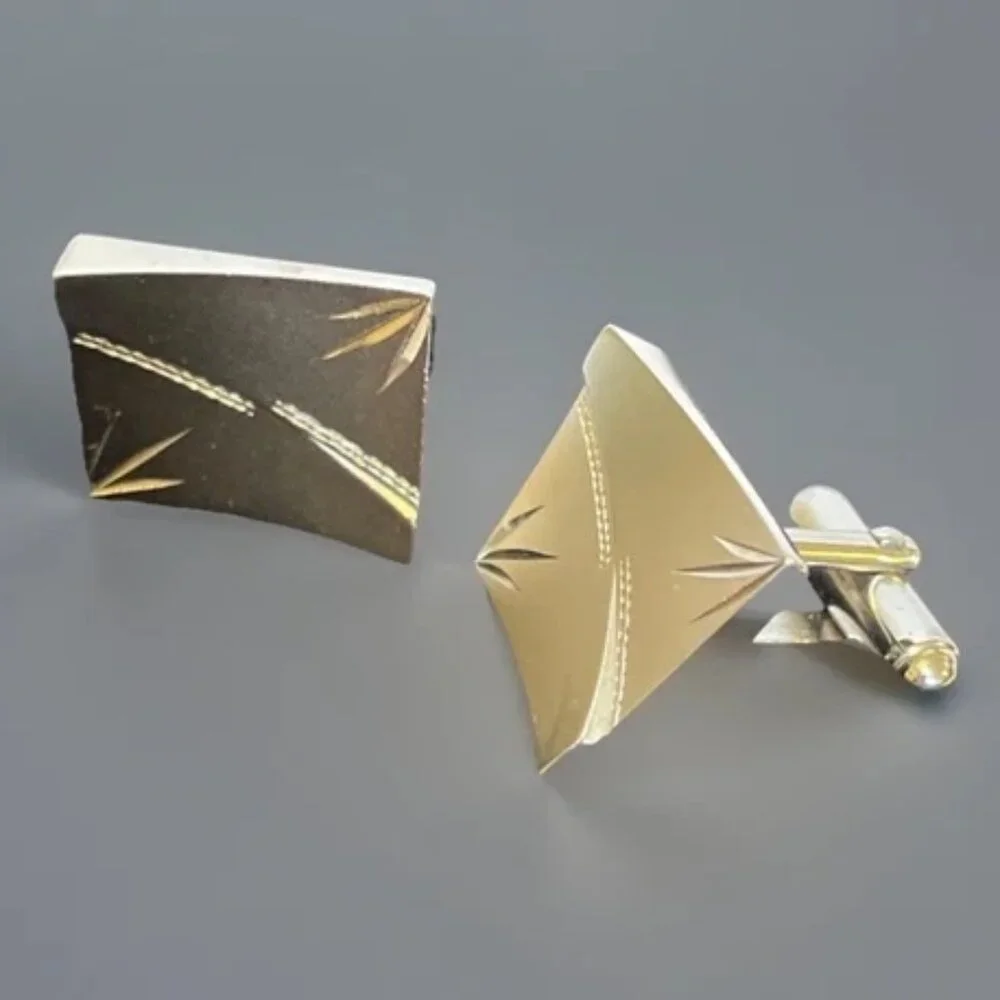 Silver Tone Square Etched Cufflinks Men's Vintage Formal Wear Bullet Back